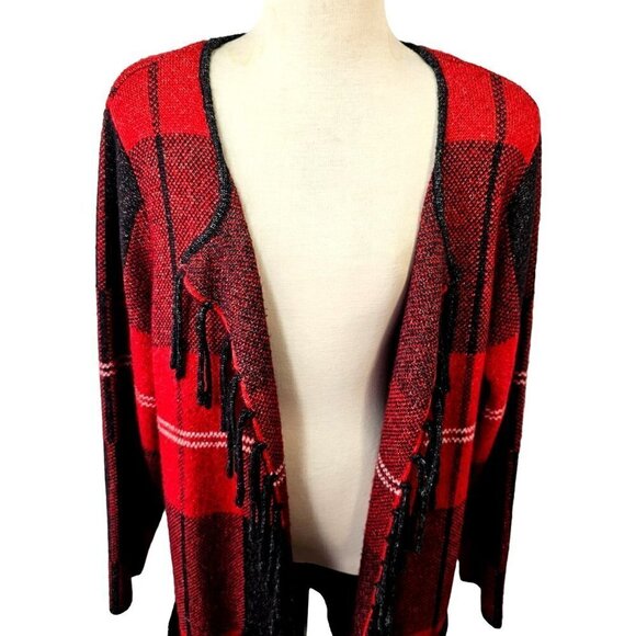 Adrienne Vittadini Long Open Cardigan Sweater Fringed Black Red Plaid Womens 2X - Picture 6 of 10